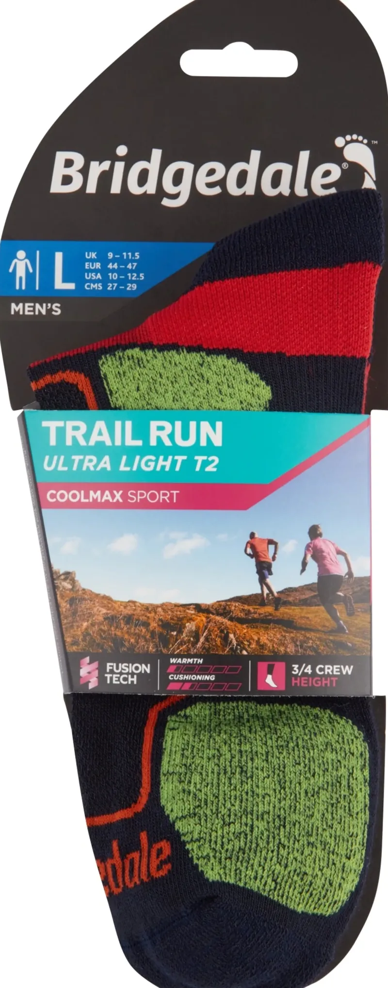 Bridgedale Socks|Socks-Mens Trail Run Ultralight T2 Coolmax Sport 3/4 Crew Sock - Navy
