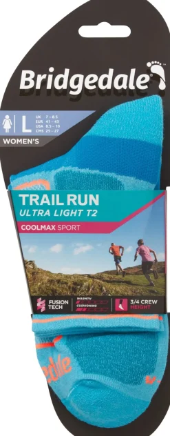 Bridgedale Socks|Socks-Womens Trail Run Ultralight T2 Coolmax Sport 3/4 Crew Socks - Blue
