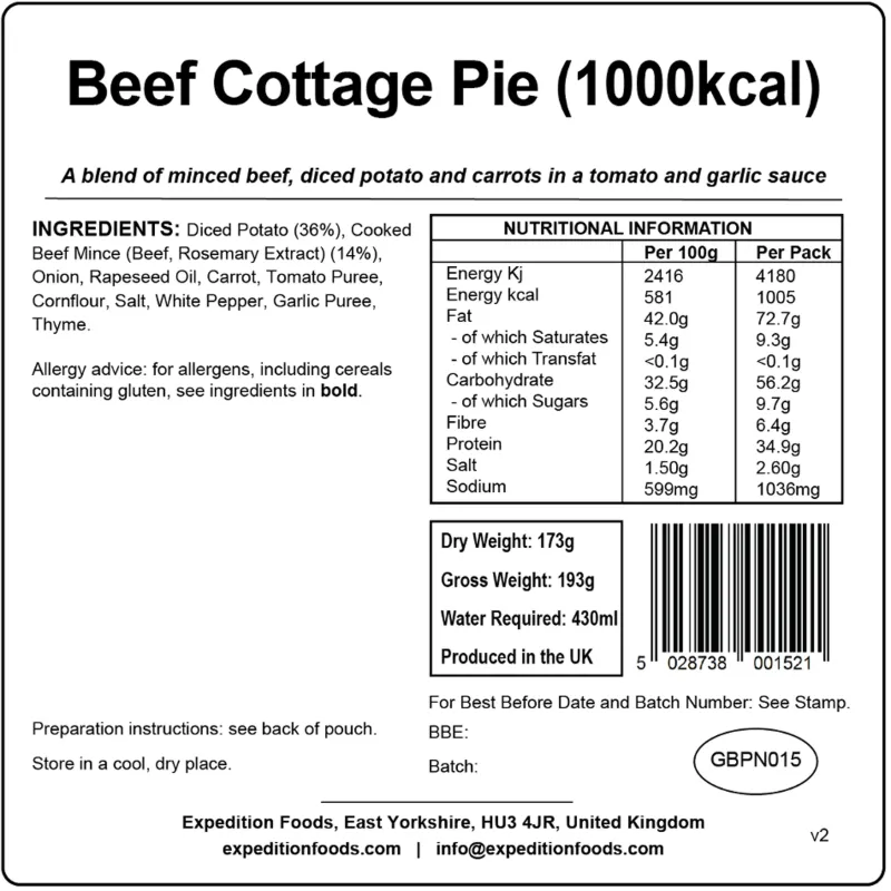 Expedition Foods Lunch/ Dinner-Beef Cottage Pie - 1000kcal