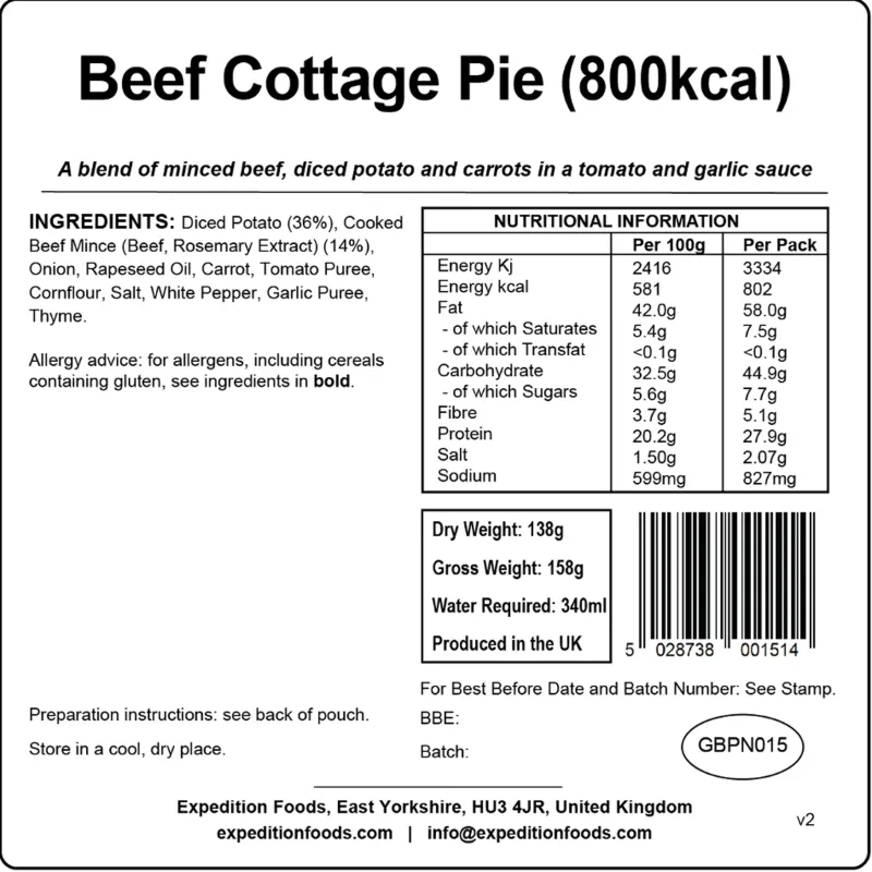 Expedition Foods Lunch/ Dinner-Beef Cottage Pie - 800kcal