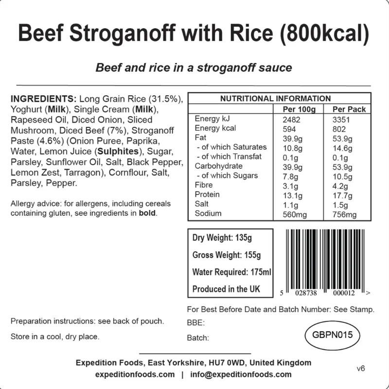 Expedition Foods Lunch/ Dinner-Beef Stroganoff with Rice - 800kcal