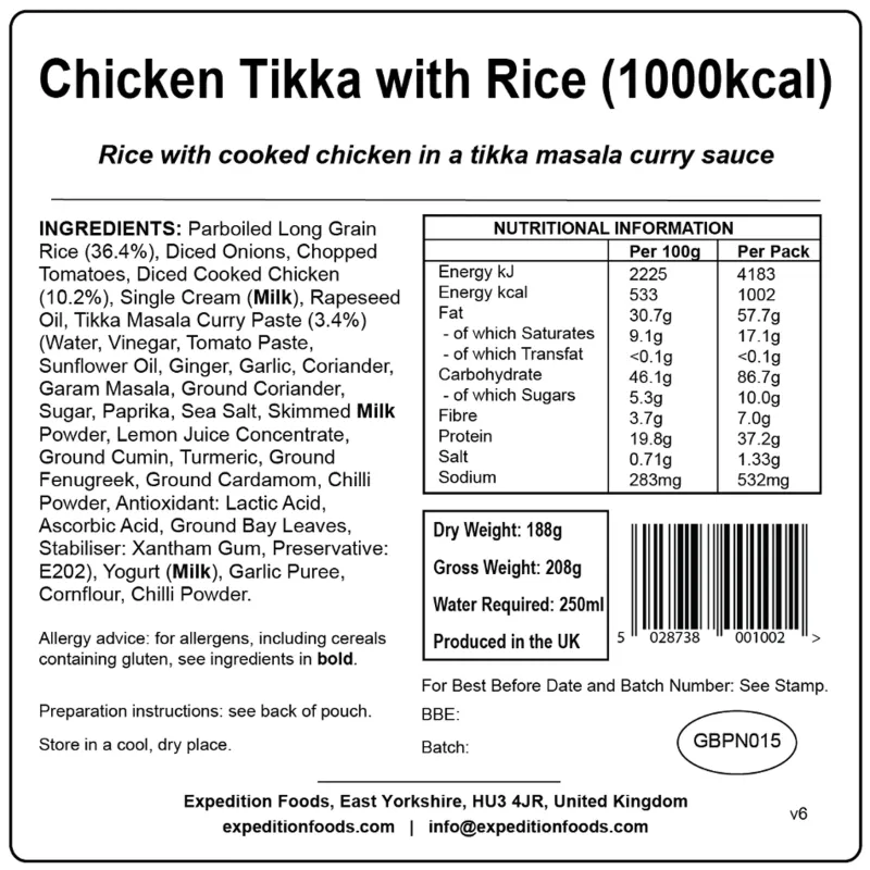 Expedition Foods Lunch/ Dinner-Chicken Tikka with Rice - 1000kcal