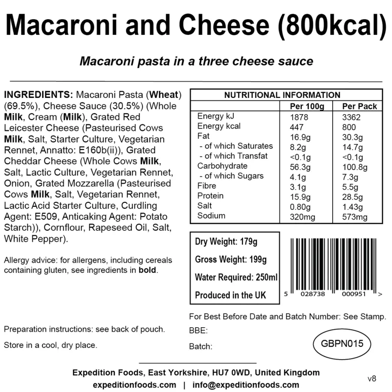 Expedition Foods Lunch/ Dinner-Macaroni and Cheese - 800kcal