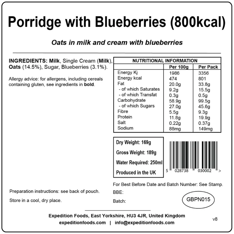 Expedition Foods Breakfast-Porridge with Blueberries - 800kcal