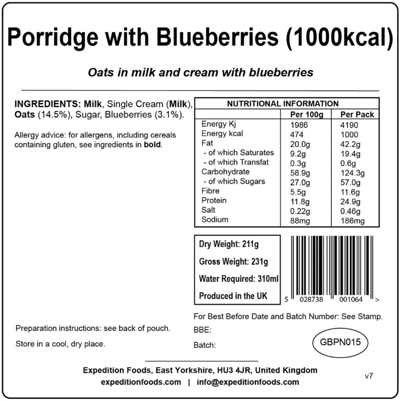 Expedition Foods Breakfast-Porridge with Blueberries - 1000kcal