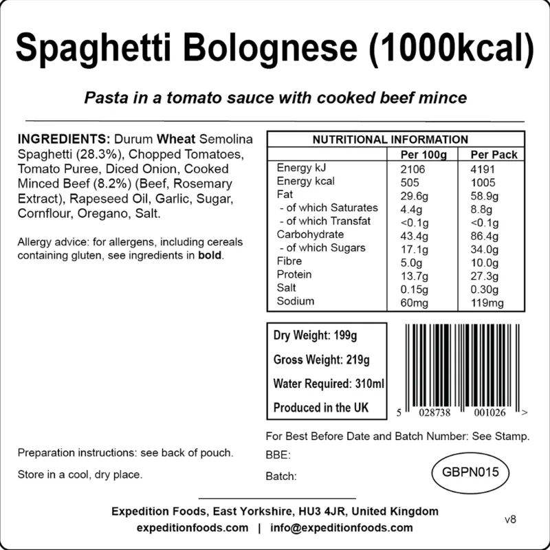 Expedition Foods Lunch/ Dinner-Spaghetti Bolognese - 1000kcal