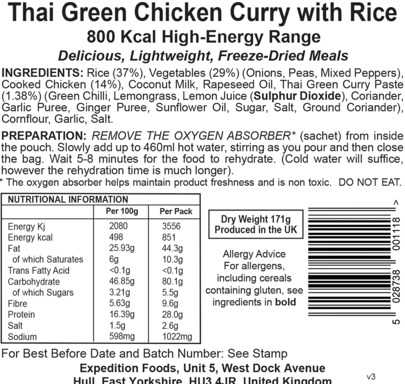 Expedition Foods Lunch/ Dinner-Thai Green Chicken Curry with Rice - 800kcal