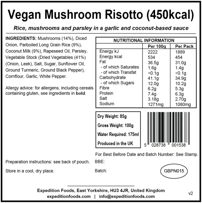 Expedition Foods Lunch/ Dinner-Vegan Mushroom Risotto - 450kcal