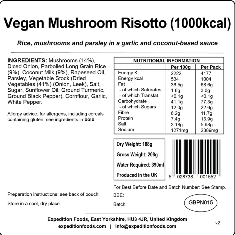 Expedition Foods Lunch/ Dinner-Vegan Mushroom Risotto - 1000kcal