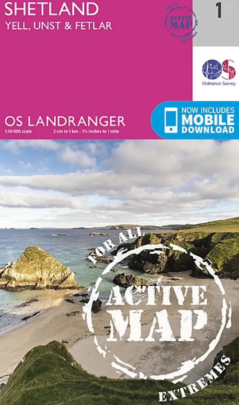 Ordnance Survey Maps And Books-OS Landranger Active map 1 - Shetland - Yell Unst and Fetlar
